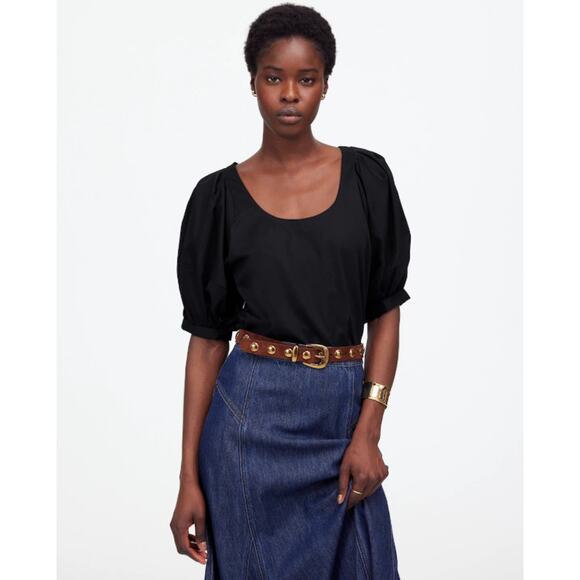 Madewell Relaxed Scoopneck Puff Short-Sleeve Top WMNS XL Black Cotton Pullover - Picture 1 of 11